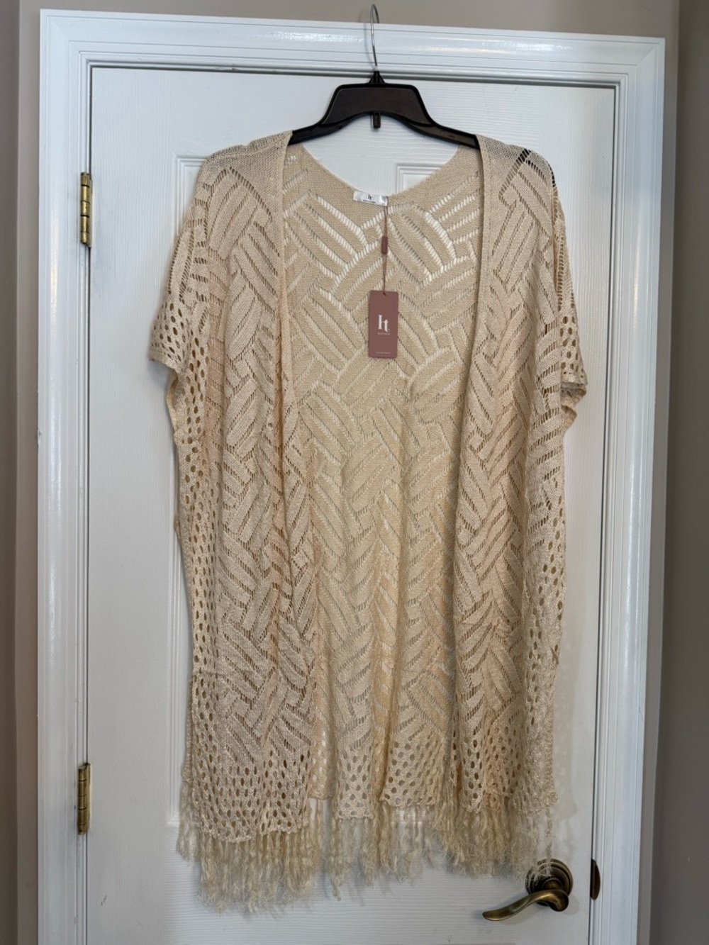 Beige Open Knit Fringed Kimono Cardigan NWT